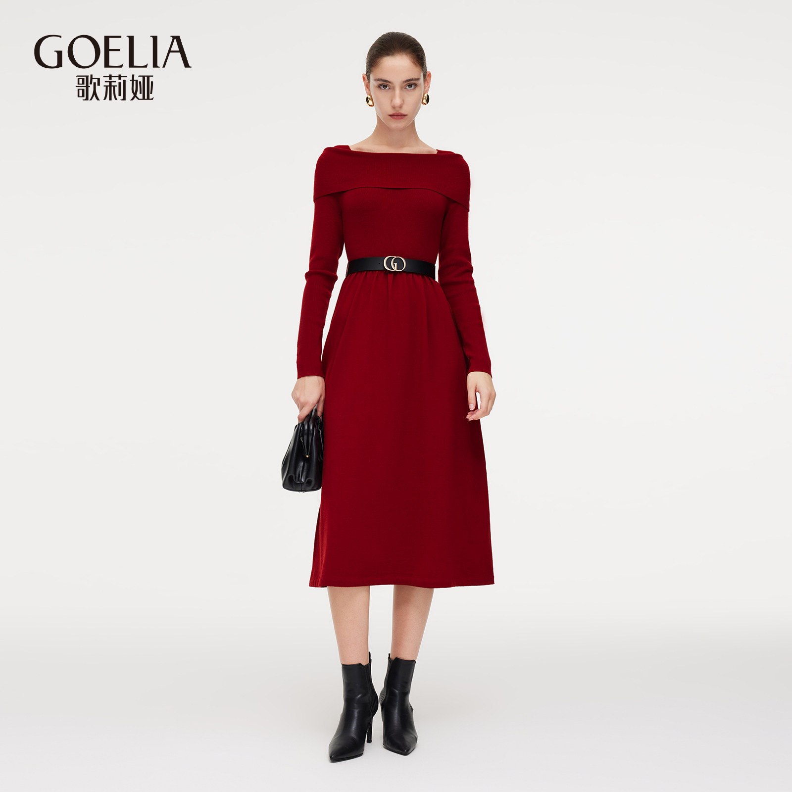 船领收腰连衣裙