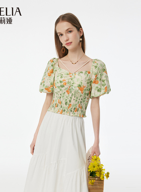 歌莉娅夏季新品棉布印花打缆上衣（配送胸垫）1E5R3B21A