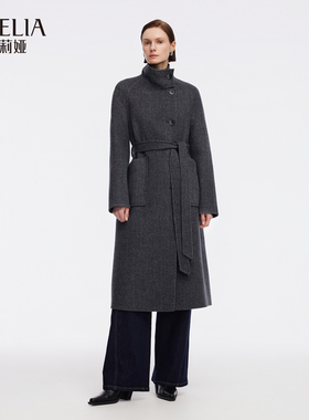 歌莉娅冬季新品羊毛羊绒复古人字纹双面呢大衣配腰带1ECC6N2B0