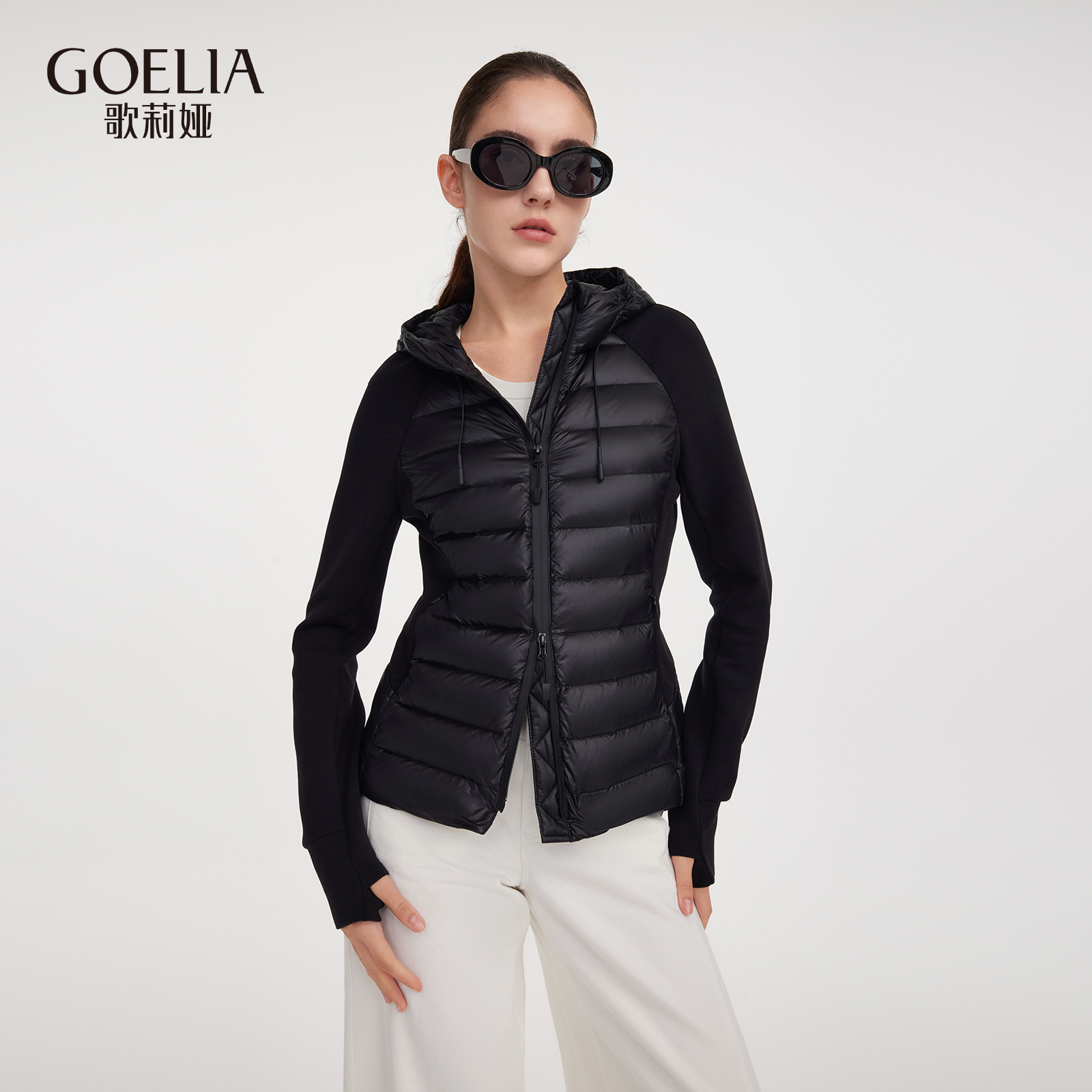 歌莉娅冬季新品拼接连帽羽绒服鹅绒服1ECL8B830