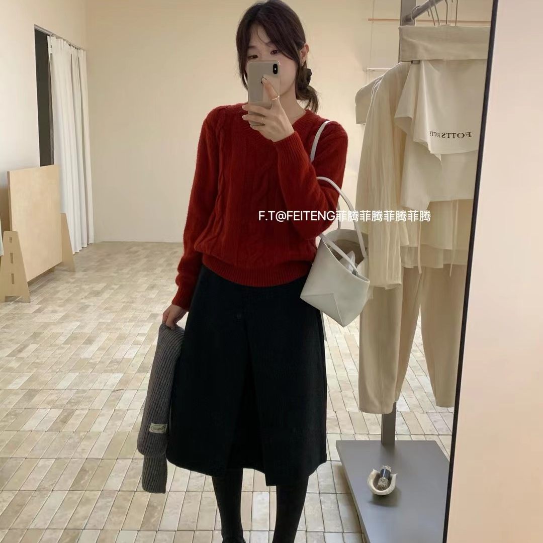 菲腾慵懒风加厚套头针织毛衣女