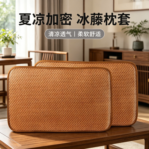 夏季藤席枕套冰丝凉席枕片单人一对可折叠古藤枕枕芯套非竹枕片