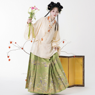 日常春夏女 原创明制对交上衣缎面仿妆花马面裙套装 雨瀚黎 枫竹