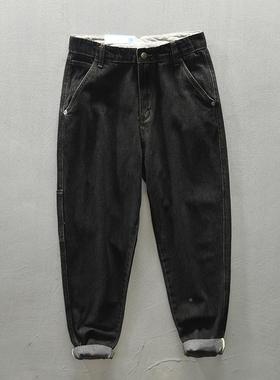 美咔叽美复古男士闲工装裤HUG式青阿年休直筒牛仔裤中腰棉质黑色