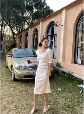 NRT法式方领泡泡平袖白裙子连衣裙登领证记白色小礼服裙时可小穿