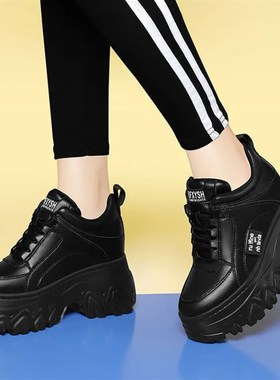 厚底内增高女鞋小个子7CMw单鞋系带松糕底真软皮黑色显瘦圆头休闲