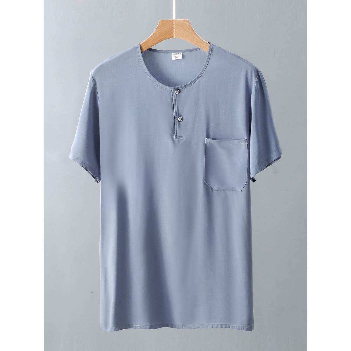 棉绸t恤衫夏季男士大码套头短袖上衣轻薄款外穿中老年人造棉睡衣