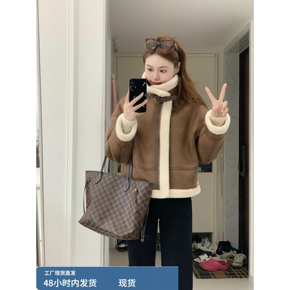 覆古皮毛一体短款外套女高级感宽松加厚保暖彷羊羔毛夹克上衣冬季