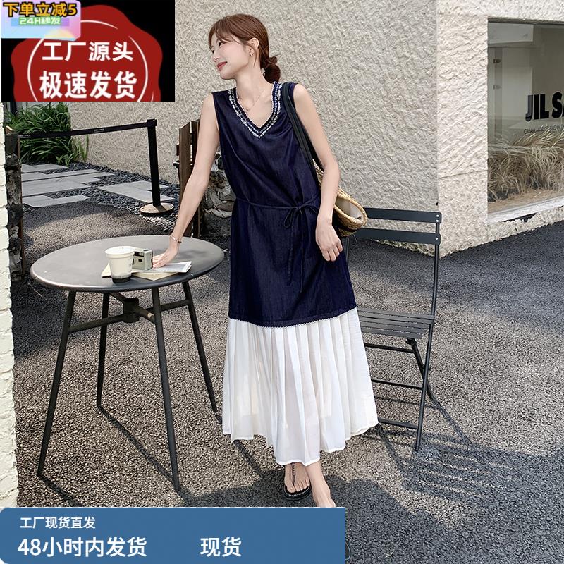 独特减龄感拼接撞色系带V领无袖连衣裙女夏2025新款漂亮鱼尾长裙