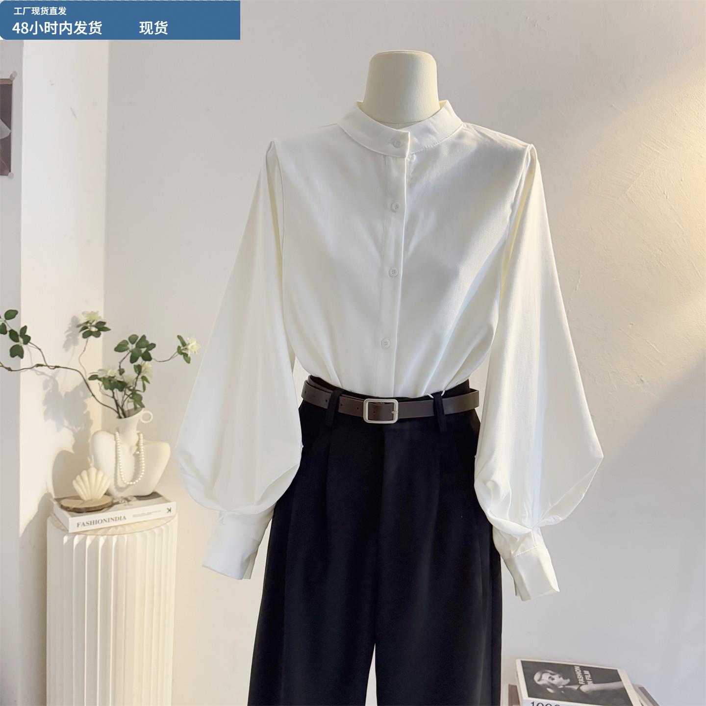 白色立领灯笼袖衬衫女2025秋冬季设计感气质通勤长袖衬衣磨毛上衣