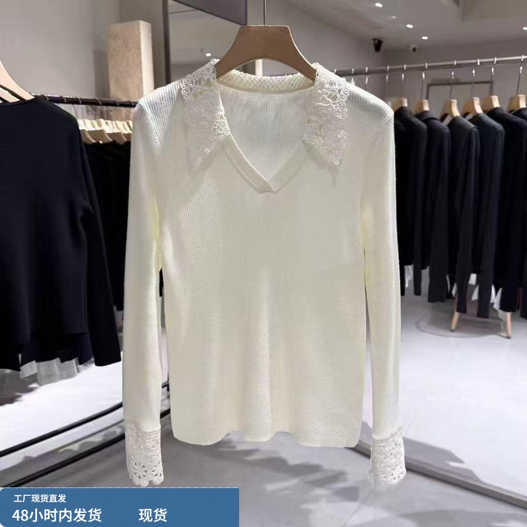 秋冬新款V领羊毛衫女宽松韩版蕾丝花边翻领气质内搭针织打底毛衣