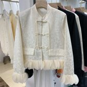 新款 2024春季 气质名媛花瓣木耳边小香风上衣 国风外套女短款 新中式