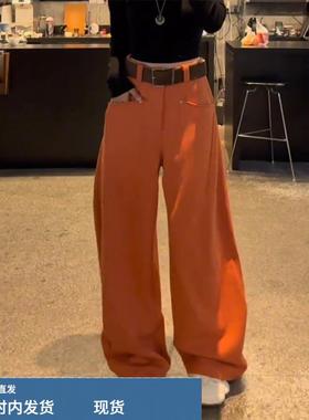 橙色阔腿裤子2025新款秋冬加绒加厚梨型身材宽松慵懒风拖地休闲裤