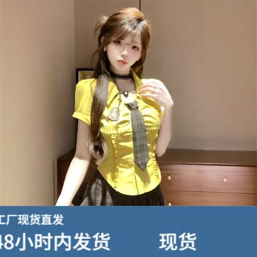 美式辣妹学院风套装女夏季减龄气质短袖衬衫上衣格子百褶裙两件套