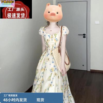 2025新款夏日绝美连衣裙子女海边度假风小众设计法式茶歇碎花长裙