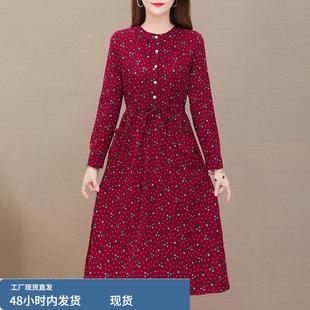 棉麻长袖连衣裙女士2025新款春秋款高档品牌中老年妈妈中长款裙子