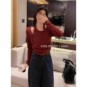 上衣 春秋女不规则内搭打底衫 2025春季 安可拉红色假两件挂脖针织衫