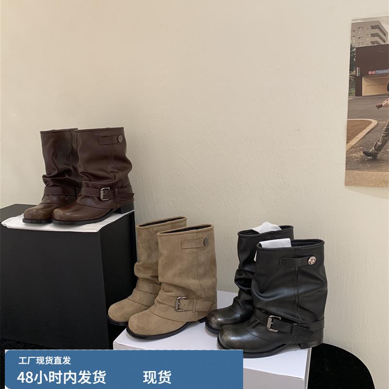 粗跟棕色美拉德堆堆马丁靴女鞋2025新款春秋单靴显瘦配裙子短靴子