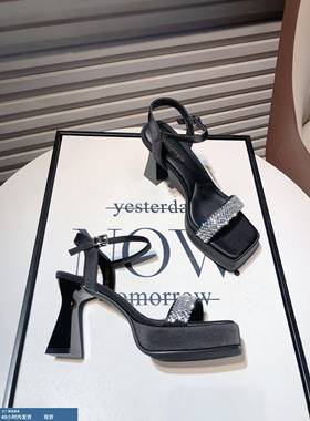 黑色性感宴会女士高跟鞋，防水平台，法国社会名流莱茵石缎露趾绑