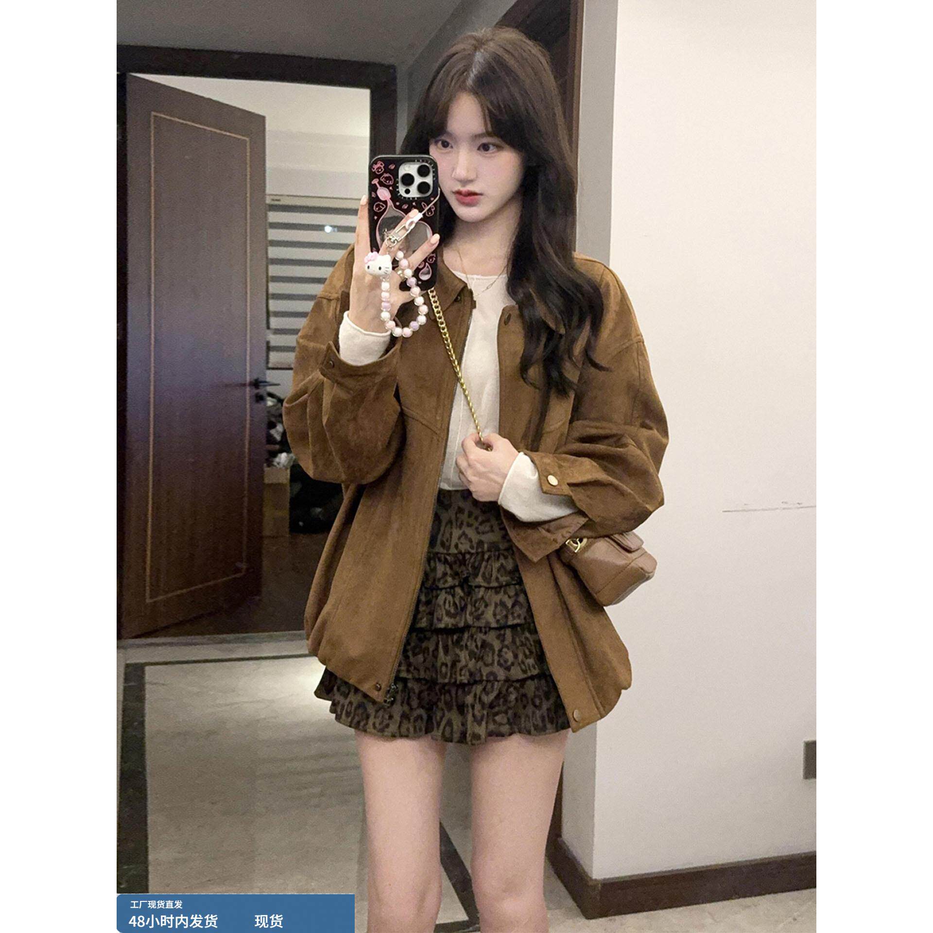 辣妹覆古鹿皮绒豹纹蓬蓬蛋糕裙女秋冬款高腰小个子a字短裙半身裙