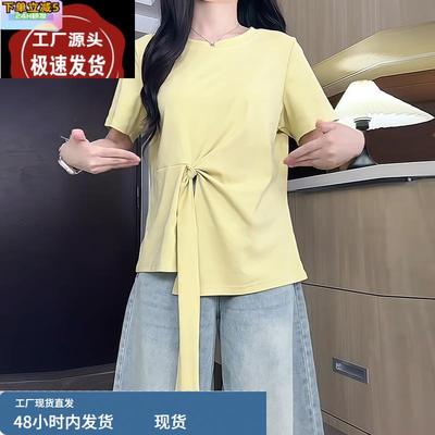 大码设计感小众短袖t恤女夏季微胖mm显瘦收腰绑带别致绝美小上衣