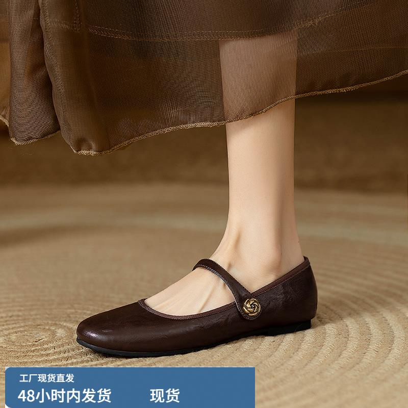法式山茶花一字带圆头浅口平底单鞋女春秋新款软皮软底玛丽珍女鞋
