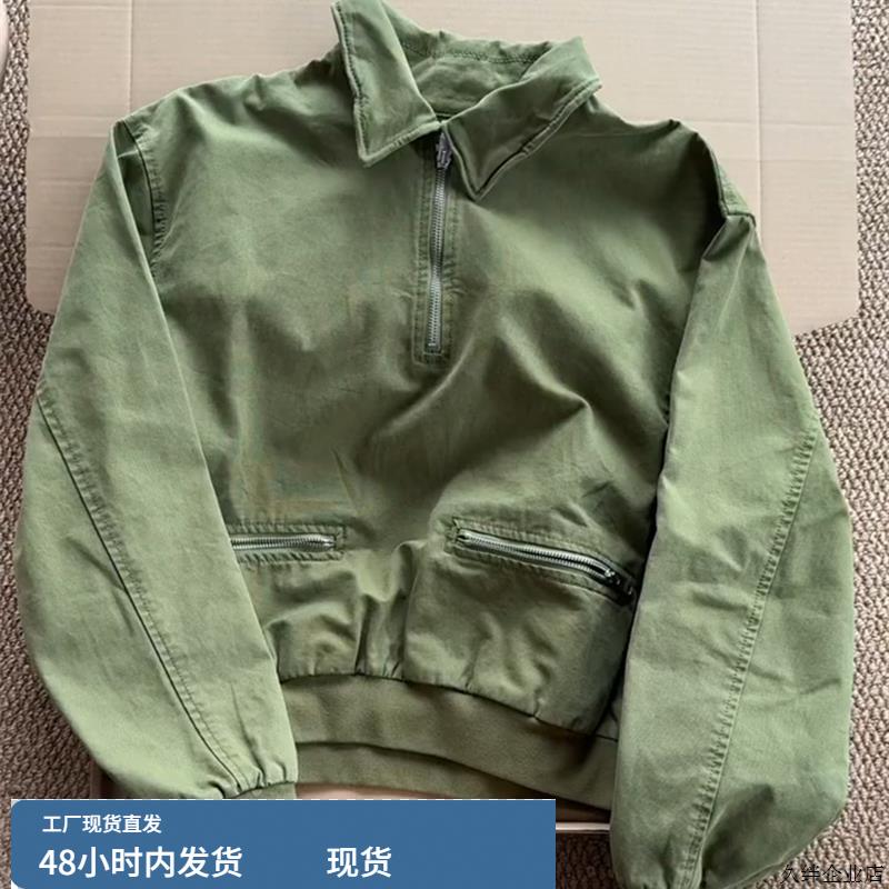 CHAO级推荐军绿色半开拉炼翻领套头上衣女秋季覆古工装风棒球服