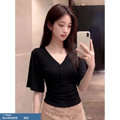 韩版高质感斜肩黑色针织衫女夏季巨好看独特别致修身短袖T恤上衣