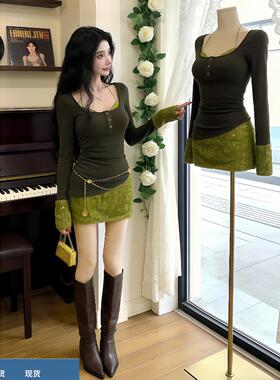 法式复古绿色假两件珠片拼针织连衣裙特别漂亮掐腰包臀小裙子26春