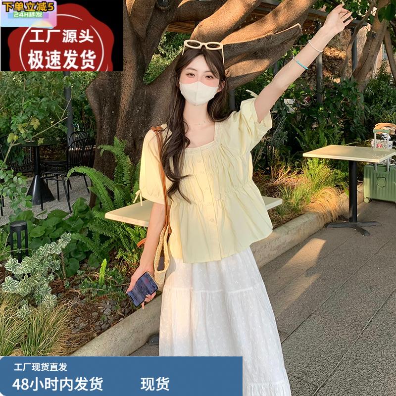 黄色短款泡泡袖棉麻上衣女夏日法式小资娃娃衫森系田园风短袖衬衫
