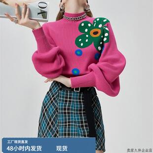 韩系氛围感早秋穿搭上衣小众不撞款洋气软糯慵懒风印花泡泡袖毛衣