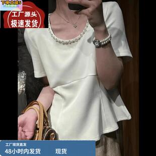 设计感白色重工钉珠圆领短袖T恤女夏季时尚高端洋气显瘦套头上衣