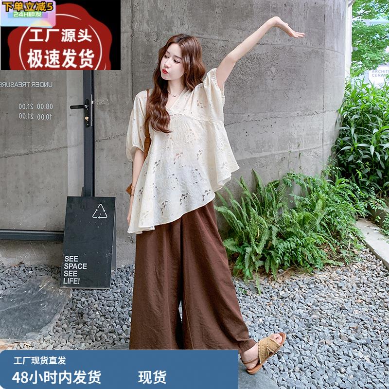 新中式V领不规则短袖衬衫夏季宽松显瘦休闲上衣灯笼阔腿裤套装女