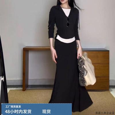 早秋轻熟御姐穿搭轻奢高级感女人味大方得体黑色假两件连衣裙套装