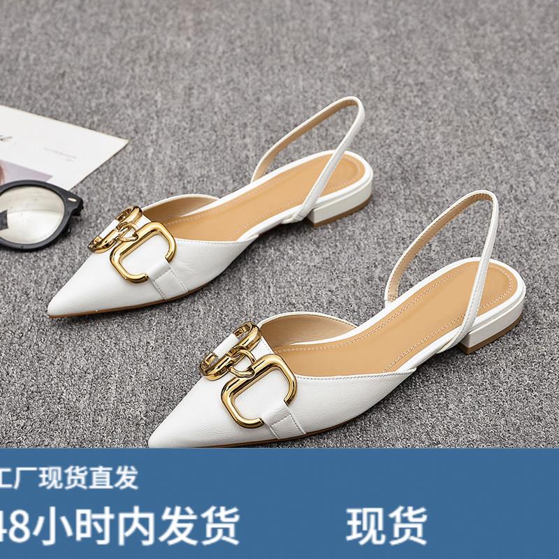 欧洲站2026夏季新款低跟金属扣女士仙女尖头粗跟女鞋凉鞋半拖鞋女