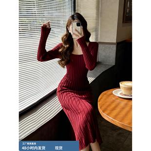 2025年秋冬季纯色内搭针织连衣裙长款修身显瘦配大衣的毛衣打底裙