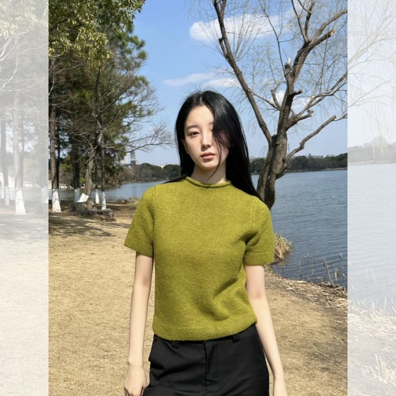 韩系牛油果绿短袖t恤衫女夏季小个子修身显瘦短款正肩针织衫上衣