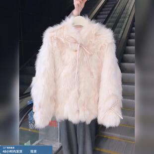巨好看的冬装粉色蝴蝶结短款小个子仿狐狸毛年轻版皮草外套女冬季