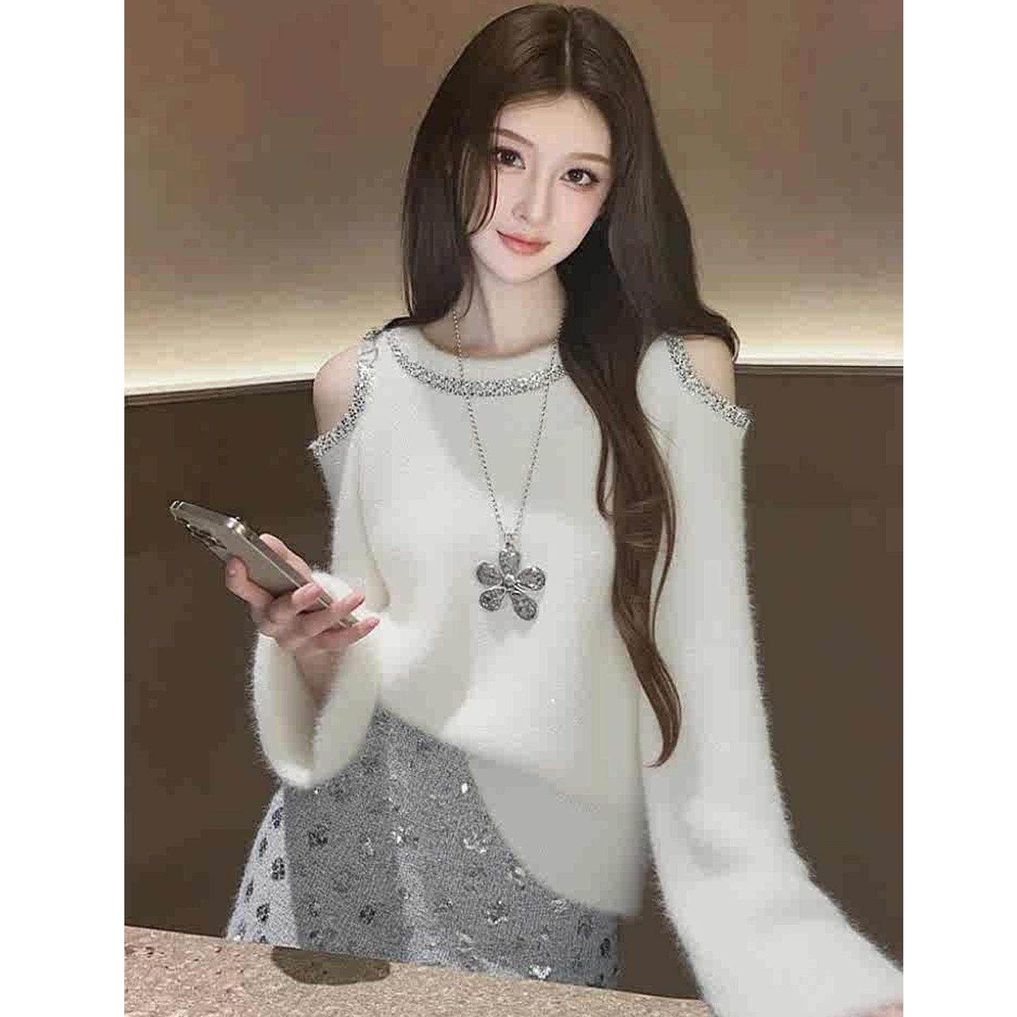 高级感绝美白色重工镶钻露肩长袖毛衣针织衫女春季款百搭宽松上衣,模玩/动漫/周边/娃圈三坑/桌游,Cosplay女装/cos女装,淘宝优惠券,粉丝福利购,淘宝优惠卷