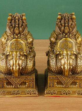 铜聚财纳福麒麟摆件一对卧室家用客厅办公室工艺品店铺开业送礼品