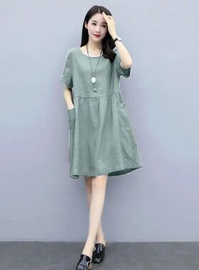 棉麻连衣裙女夏2023年新款短袖中老年妈妈装大码宽松显瘦遮肚裙子
