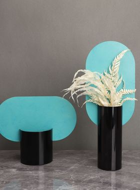 新中式金属蓝色铁艺样板房售楼部卧室书房客厅电视U柜桌面玄关摆