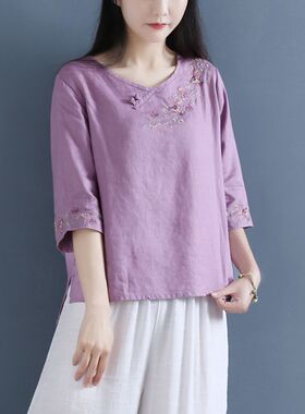 文艺小清新宽松圆领棉麻纯色T恤女七分袖春夏季盘扣绣花短款上衣