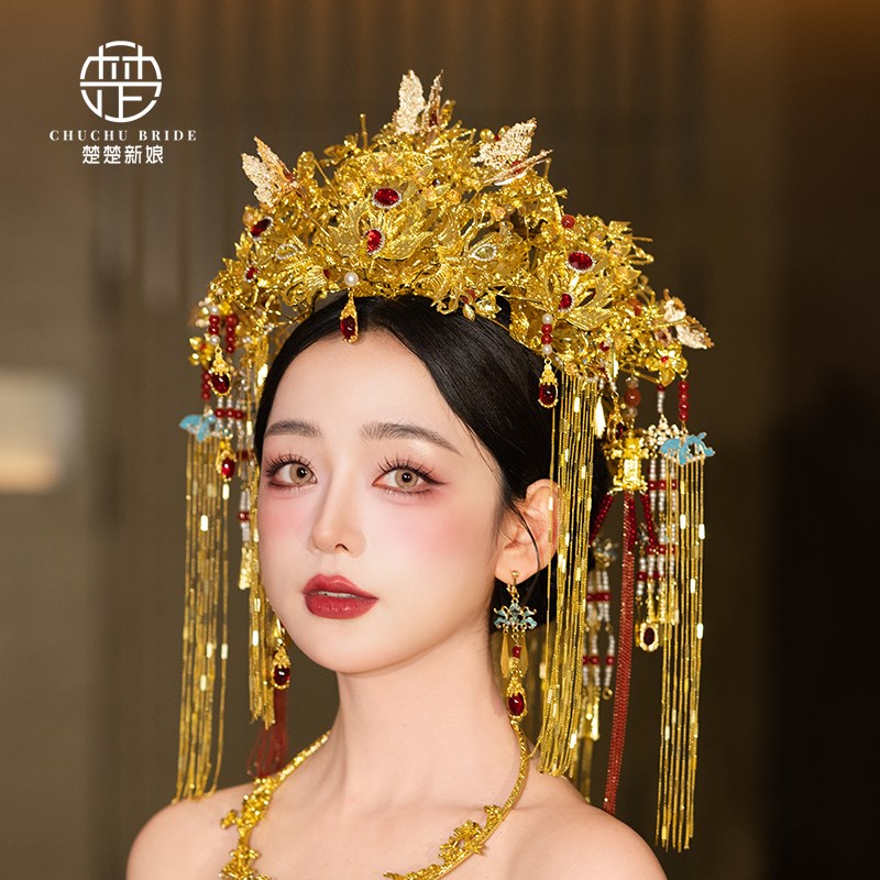 中式凤冠古装发饰传统汉服新娘头饰品金色高级感奢华婚礼头饰后压