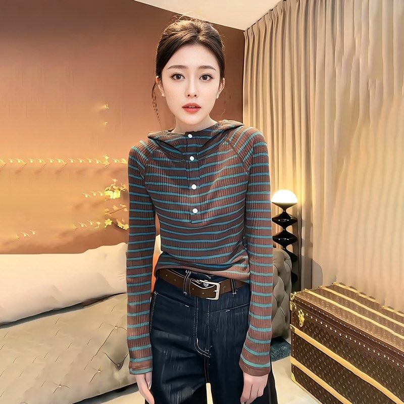 时尚复古撞色条纹半开襟连帽针织衫女秋季爆款百搭打底帽衫上衣潮,女装/女士精品,大码内搭,淘宝优惠券,粉丝福利购,淘宝优惠卷
