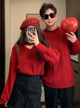 回门情侣装秋冬新款圣诞红色毛衣一男一女韩版洋气镂空Yv领针织衫