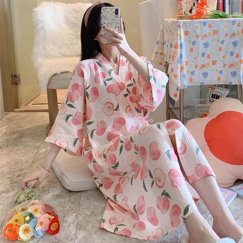 夏天薄款纯棉纱布睡衣浴袍睡袍女短袖加大码O孕妇产妇日系和服睡
