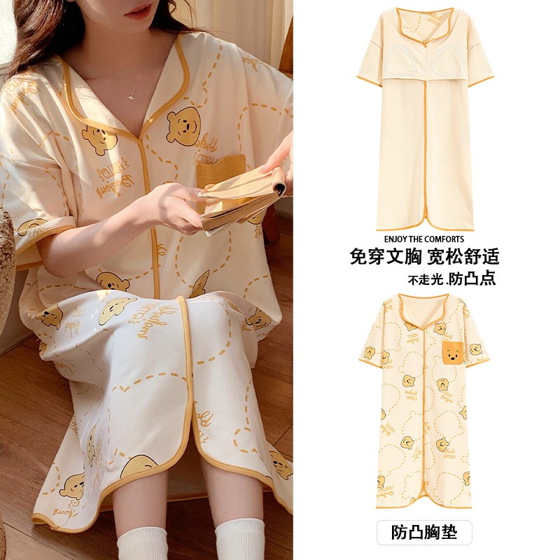 带胸垫夏季短袖女士睡衣棉质可爱卡通中长款翻领睡裙连衣裙家居服