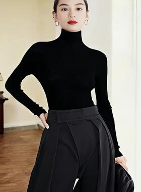 黑色高领羊毛针织衫女秋冬内搭高级感软糯毛衣长T袖修身打底衫上