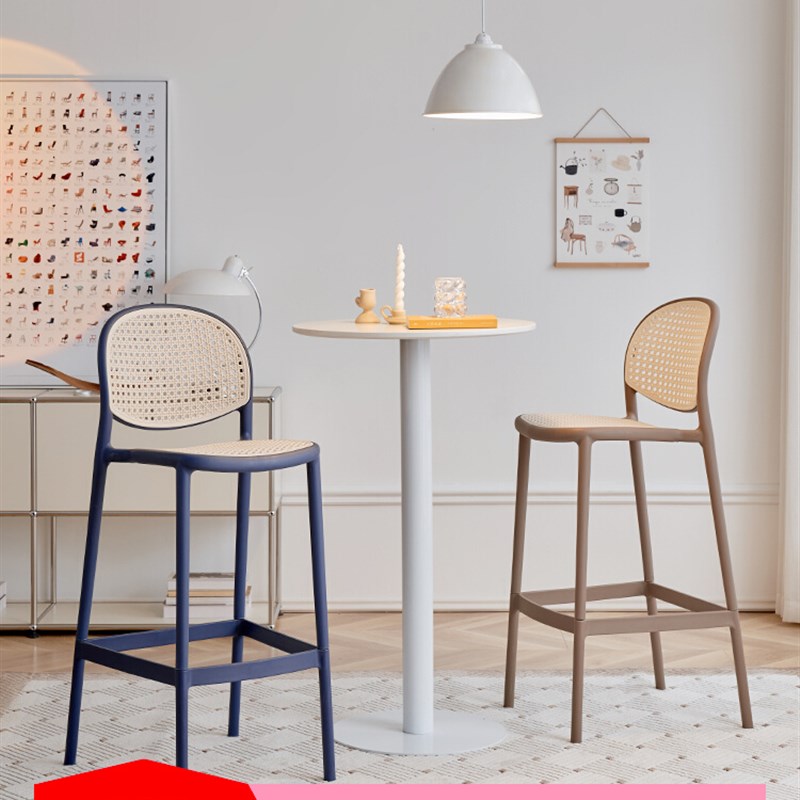 简约塑料吧椅家用户外仿藤编吧凳餐厅中J古商用酒吧前台高脚椅吧